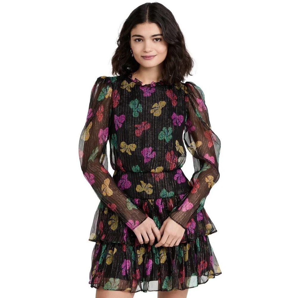 Saloni Women's Silk Bow Print Crinkle Ruffled Ava-B A-Line Dress Size 2